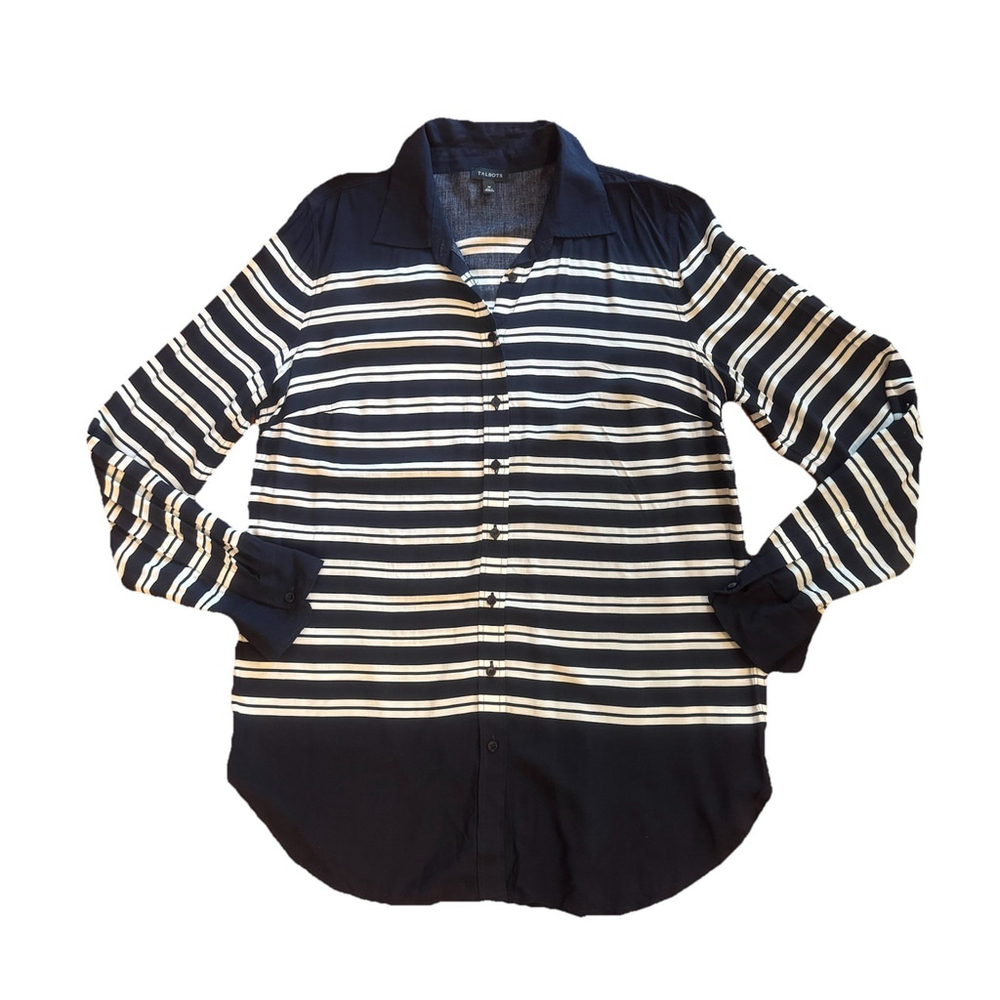 Talbots Women Shirt Blouse Size:M Blue White Striped Button-Up Rayon Super Soft - Picture 4 of 12